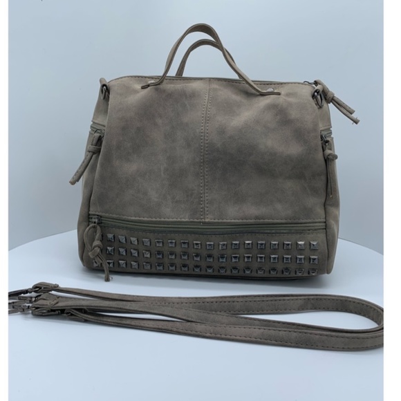 Handbags - GUC Gray Hand Bag / Shoulder Bag with Silver Metal Studs & Fuzzy Purse Charm